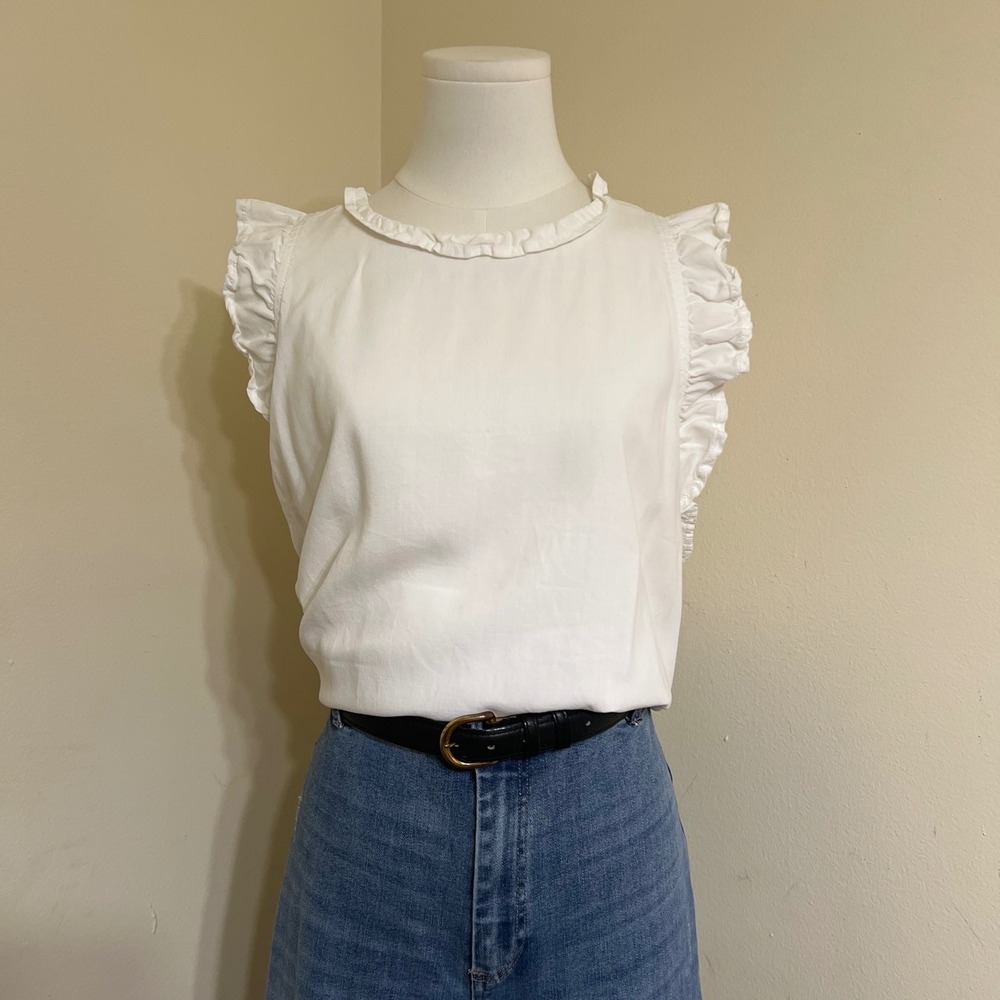 Velvet Heart White Ruffle Trim Sleeveless Tencel Blouse Top WTT-22423 Large